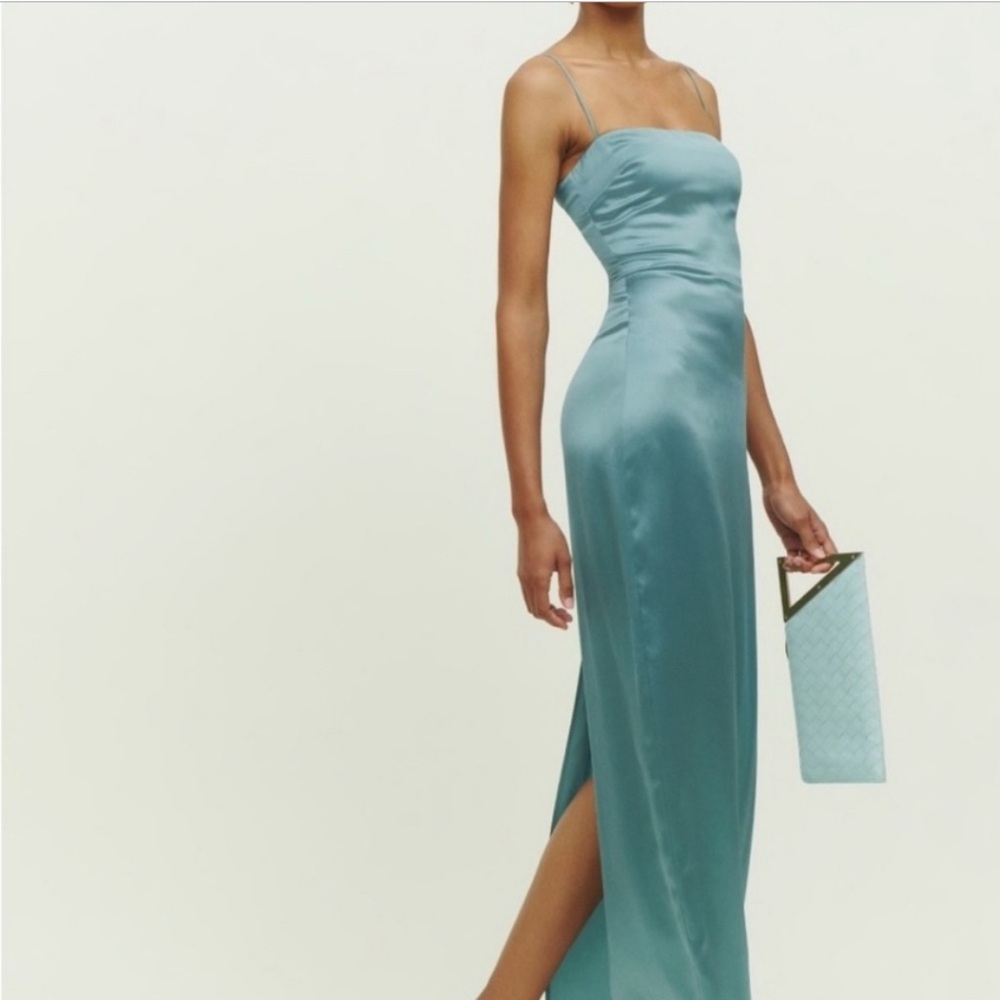 Reformation Green Strapless Gown Wedding Guest